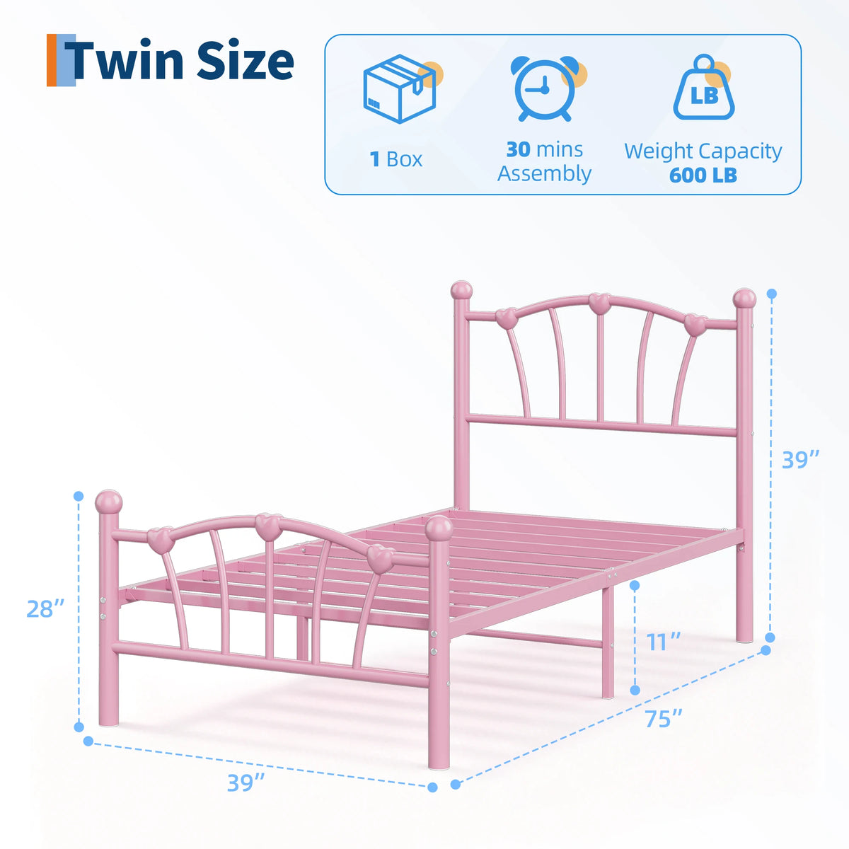 Twin Metal Platform Bed with Heart-Shaped Headboard and Footboard - Sturdy Slats - Silent - with Under-Bed Space, Without a Box Spring - White