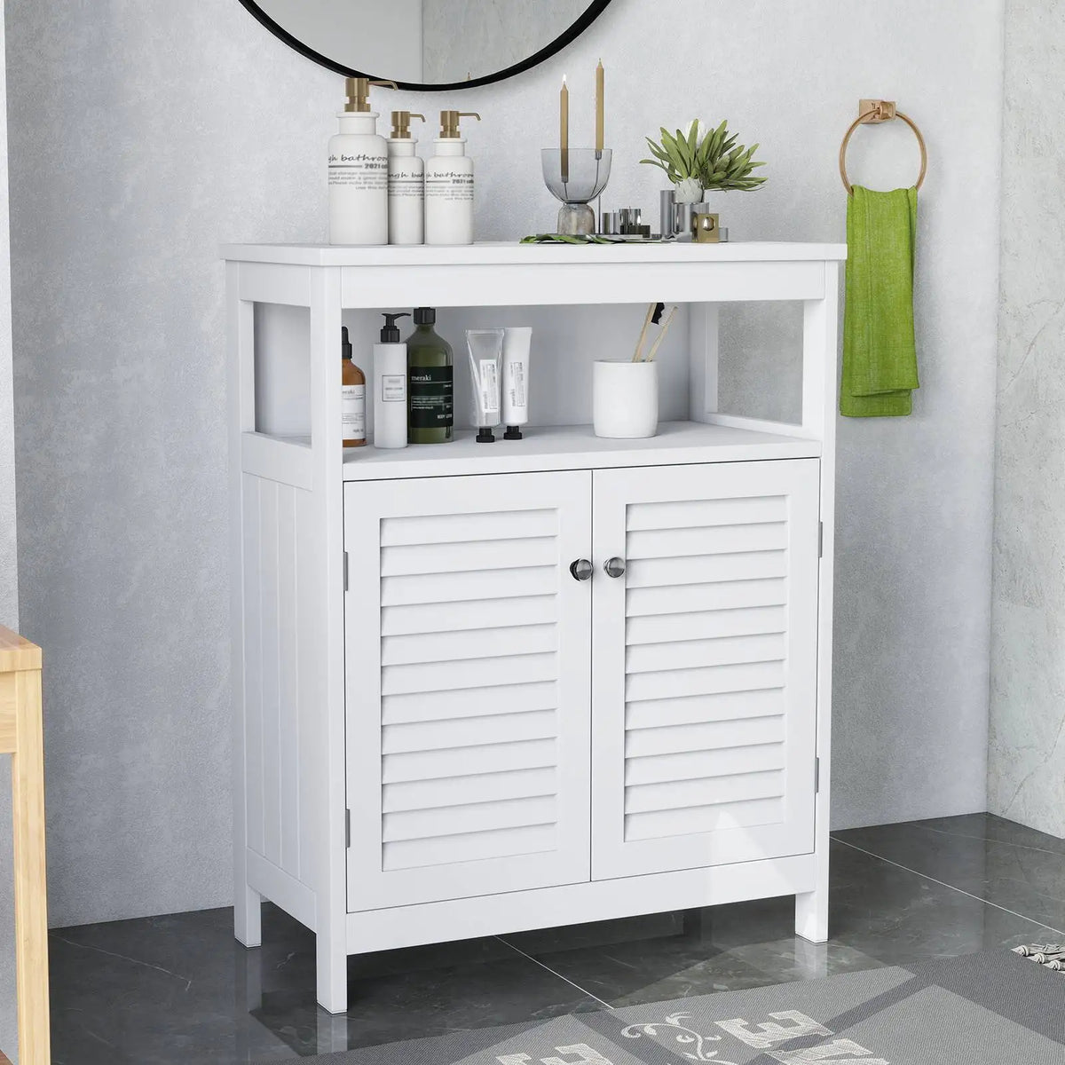 Bathroom Storage Cabinet White Waterproof Wooden Freestanding Cabinet with Removable Shelf Shutter Doors for Home Hotel