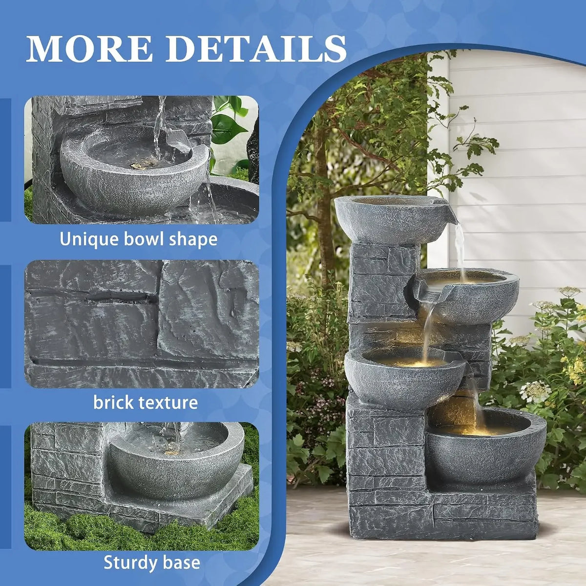 Outdoor Water Fountains, 4-Tier Fountains and Waterfalls with Lights | Indoor/Outdoor Garden Cascading Rock, Floor Standing Wate