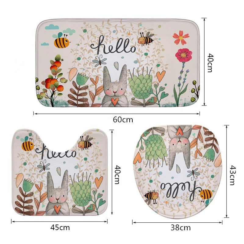 Honlaker Hello Rabbit Flannel Absorbent Non-Slip Mat Bathroom Toilet Mats Set Bath Rugs Toilet Covers