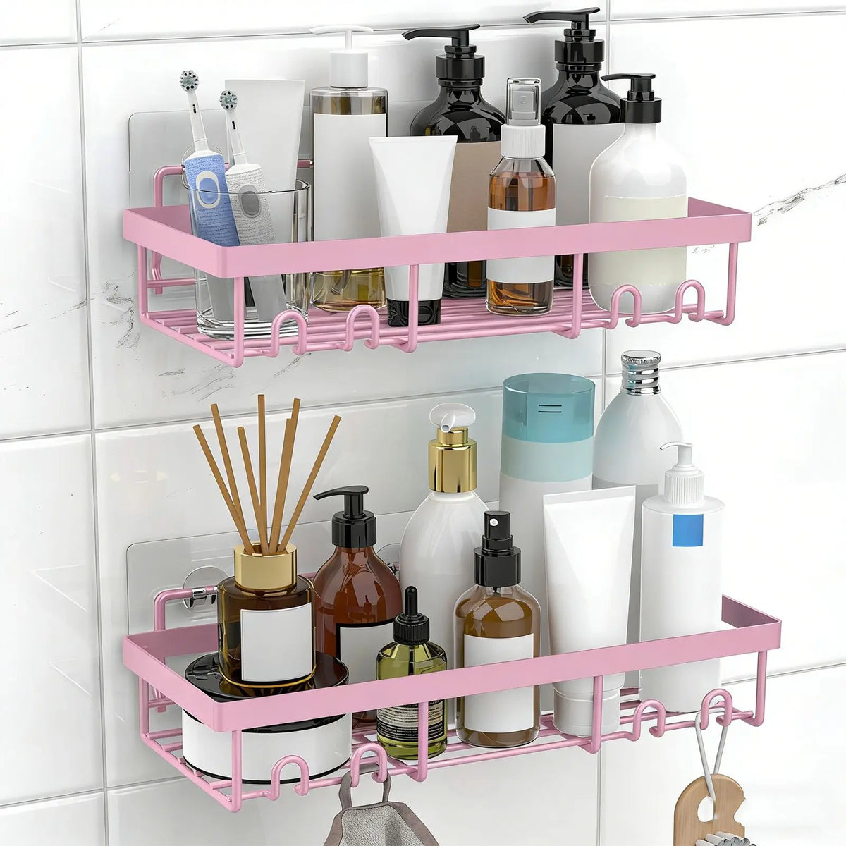 2pcs Shower Caddy Basket Shelf Adhesive Shower Wall Shelves Rustproof Bathroom Shower Storage Organizer Pink