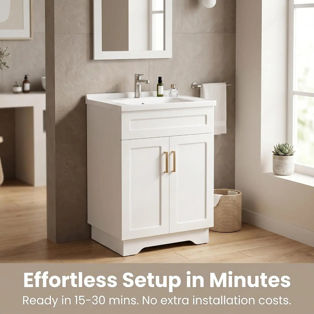 Bathroom Vanity with Ceramic Sink, Bathroom Vanity Cabinet with 2 Doors, 24 Inches Wooden Cabinet with Sink, White, Customized