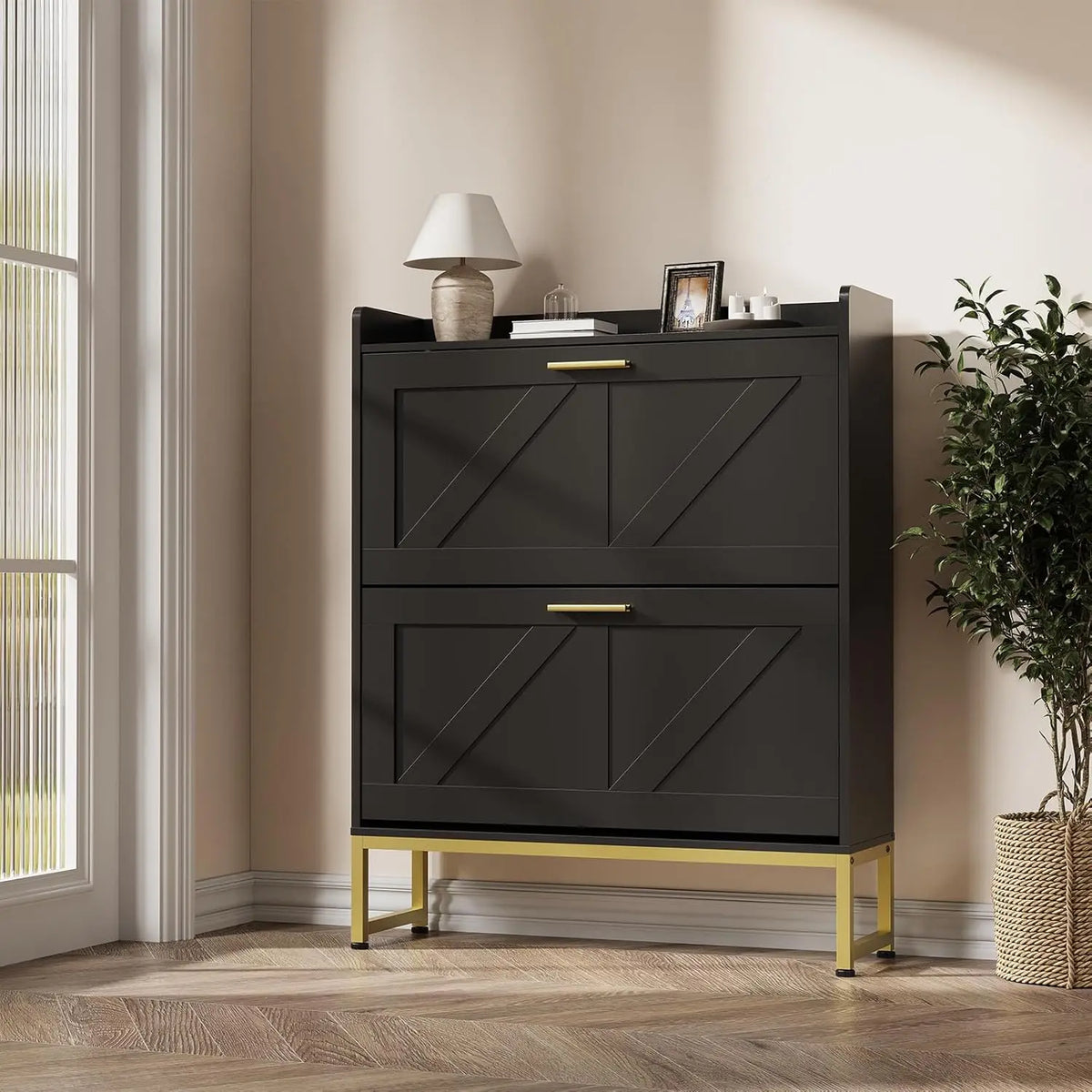 Narrow Shoe Cabinet For Entryway With 2-Tier Flip Drawers, Adjustable Shelves, Dustproof Back Panel, Freestanding Organizer