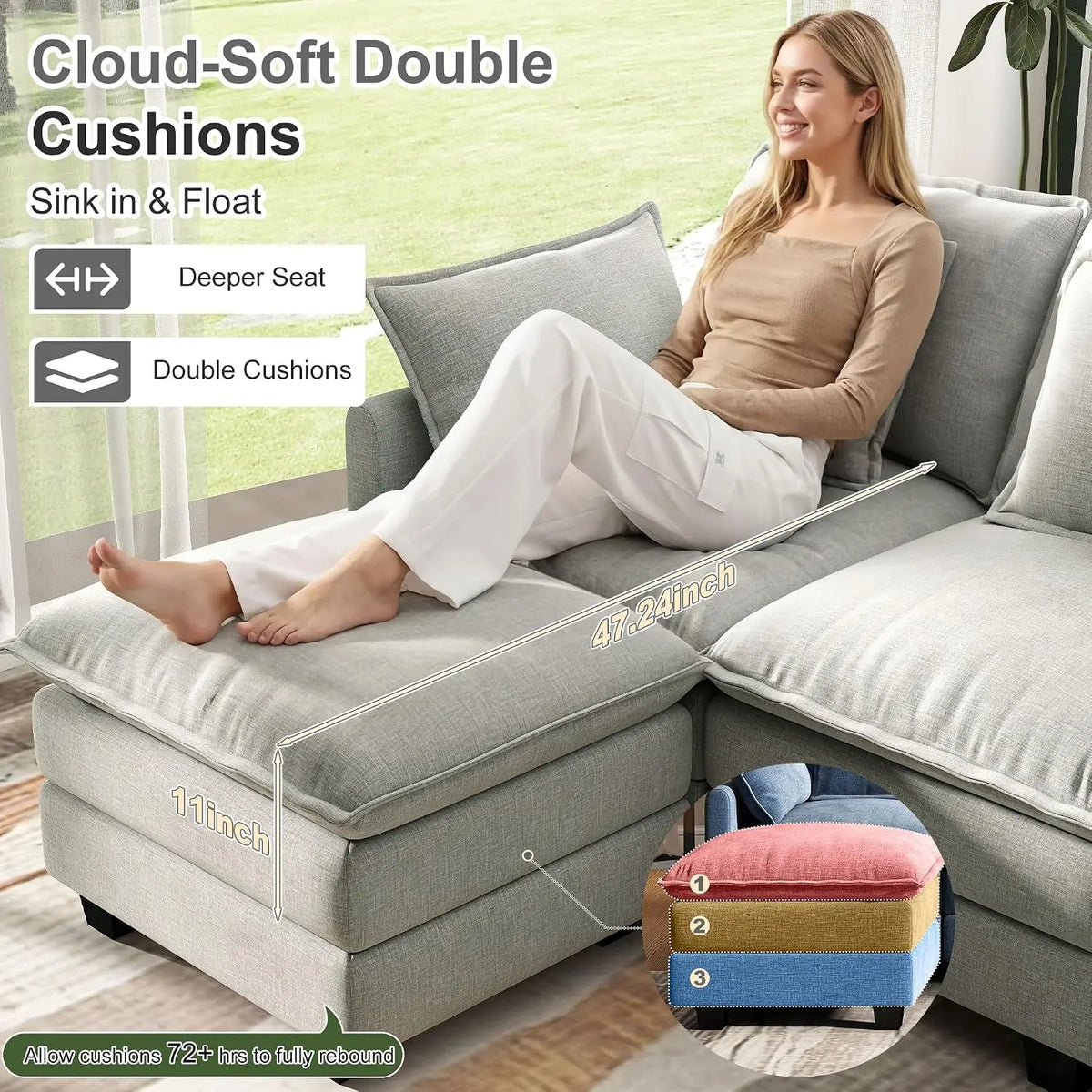 107" Cloud Couch Sectional Modular Sofa, Deep Seat Couches with Ottoman and Removable Washable Pillows for Living, Custom