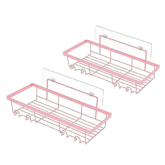 2pcs Shower Caddy Basket Shelf Adhesive Shower Wall Shelves Rustproof Bathroom Shower Storage Organizer Pink