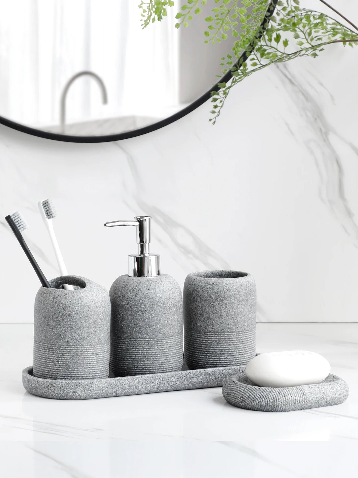 5Pcs Bathroom Accessories set  Lotion Dispenser Toothbrush Holder Tray Tumbler Cup Soap Dish Beige and Grey