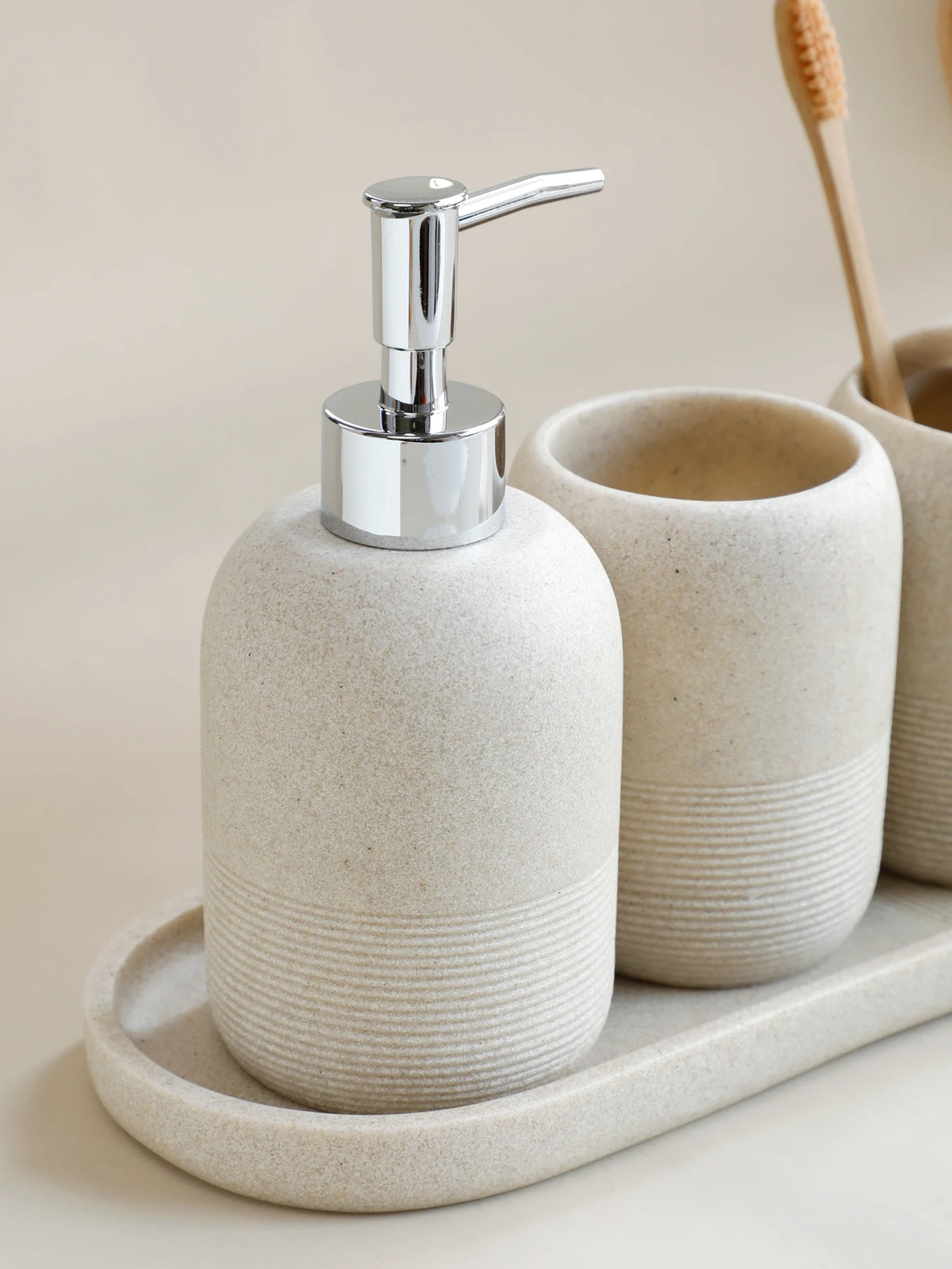 5Pcs Bathroom Accessories set  Lotion Dispenser Toothbrush Holder Tray Tumbler Cup Soap Dish Beige and Grey