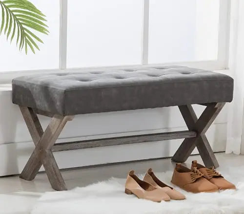 PU Leather Upholstered Entryway Bench, 36 inch Bedroom Bench Seat with X-Shaped Wood Legs for Living Room, Foyer or