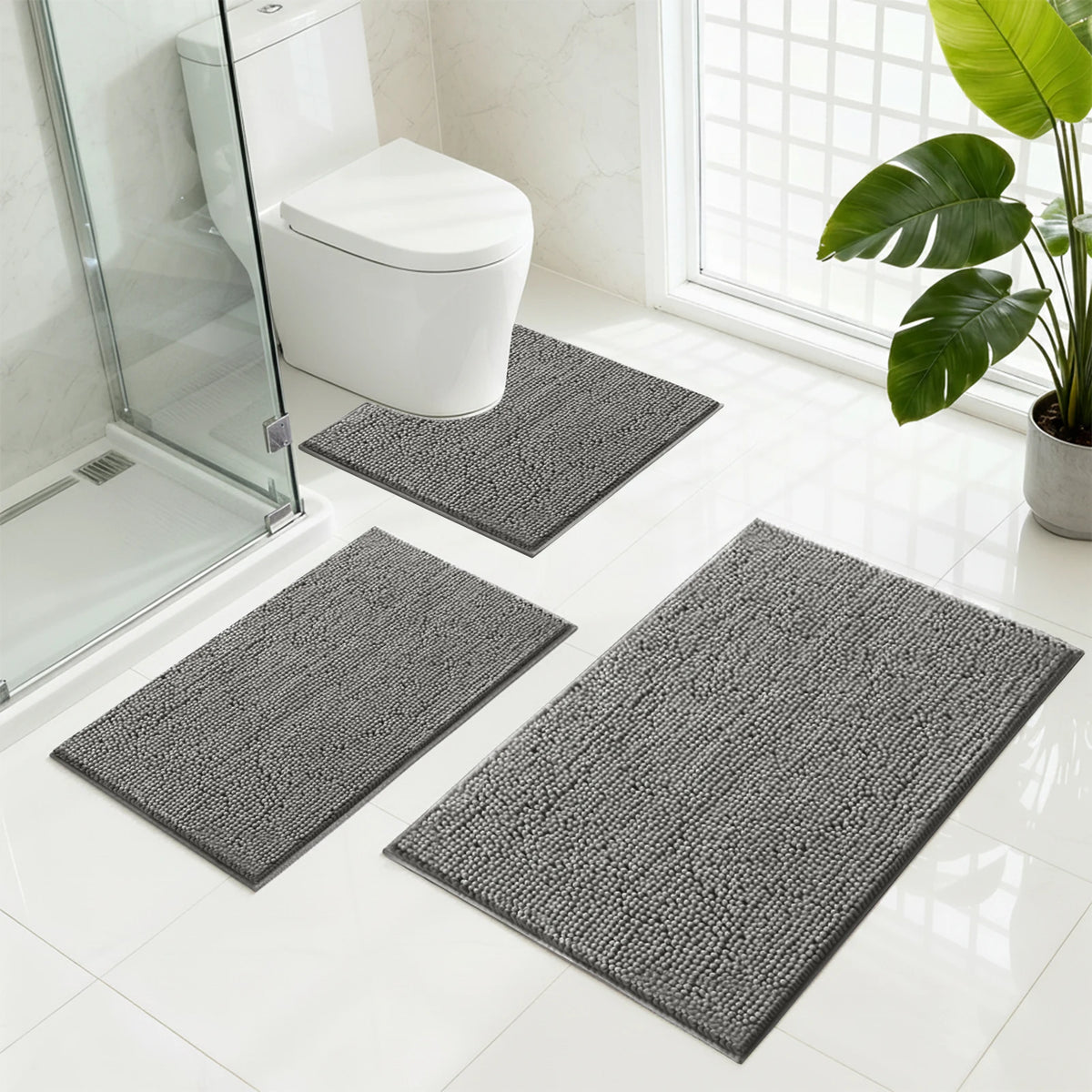 Absorbent Bathroom Rugs Set Non Slip 3 Piece Bath Mat Washable Chenille Bath Rugs Bath Tub Carpet Bathroom Mats with Toilet Rug