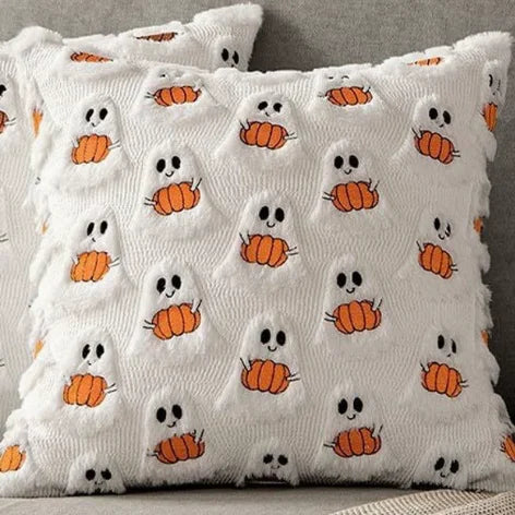 Ghost Pumpkin Plush Faux Fur Pillow Covers Soft Halloween Decor for Sofa Couch Bed Living Room White Orange Pillowcases 45x45CM