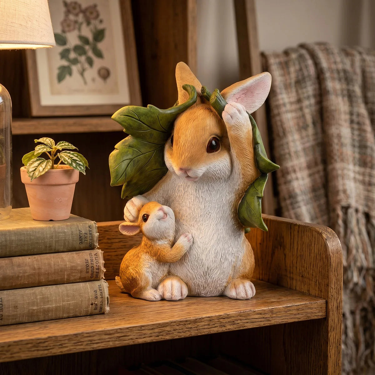 Cute Resin Bunny Rabbit Figurine, Mother & Baby Under Leaf Shelter, Garden Decor, Easter Spring Ornament, Home Accents