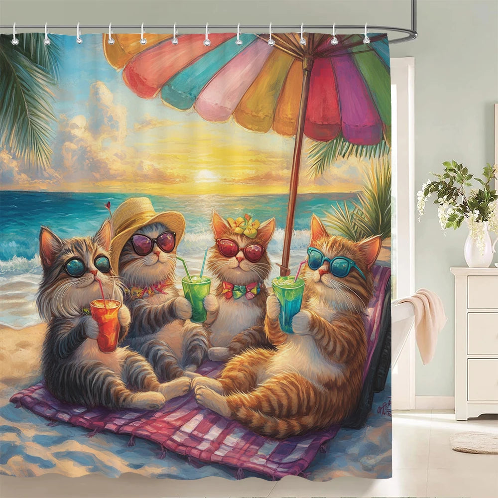 Funny Cat and Dog Shower Curtain Animal Beach Printed Shower Curtain Bathroom Bath Curtain Home Decor Curtain With Hooks