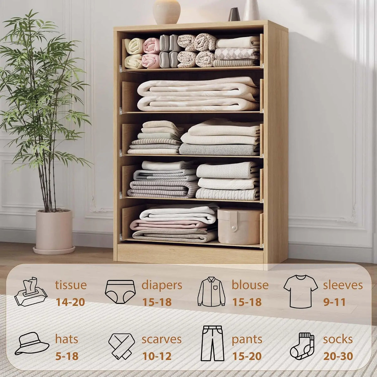 43.3" Tall 5-Drawer Chest Dresser – Freestanding Wooden Storage Cabinet with Drawers, Natural Oak, for Bedroom, Living Room, Hallway, Entryway
