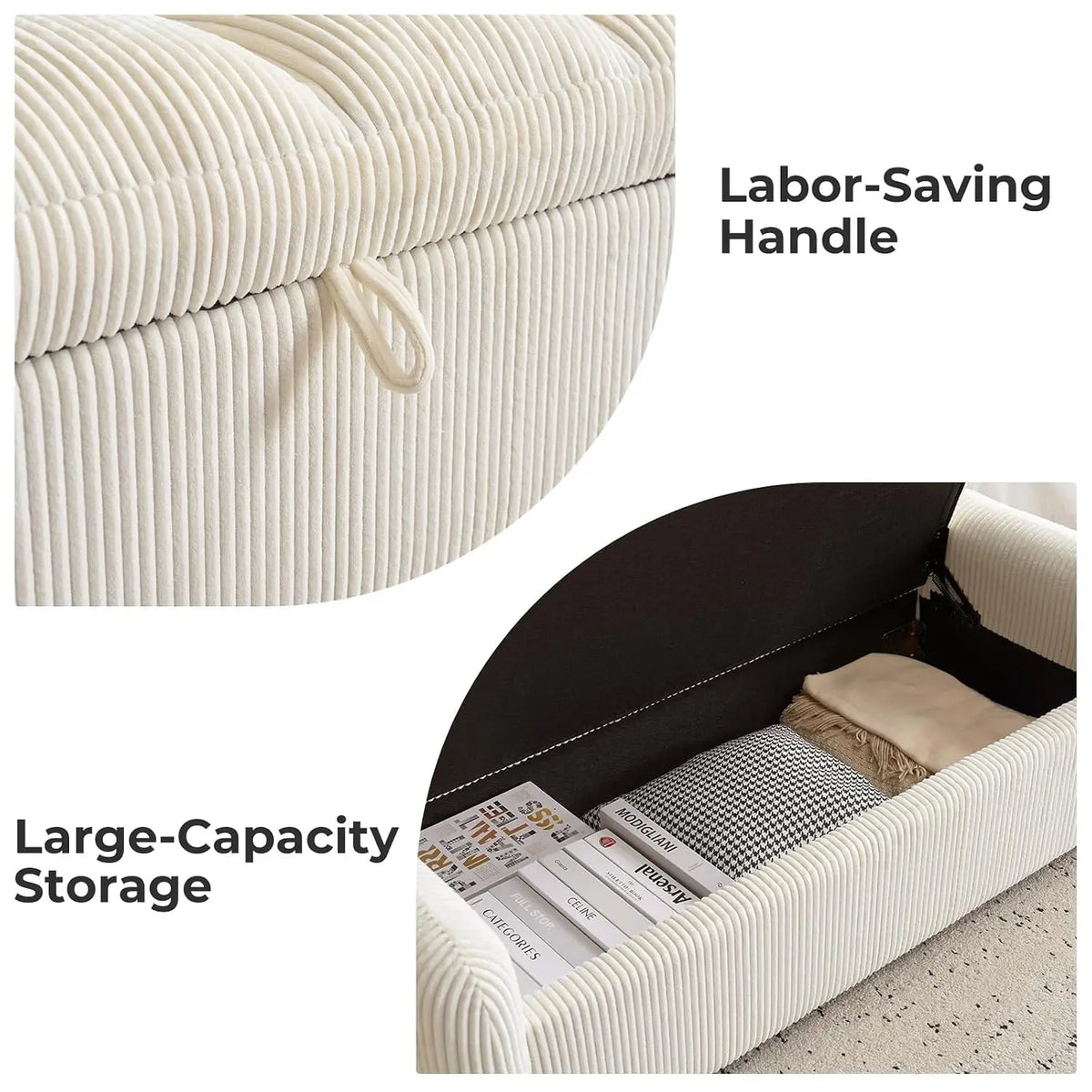 Oversized Corduroy Storage Ottoman Bench, Upholstered End of Bed & Living Room Foot Rest, Beige, Customized