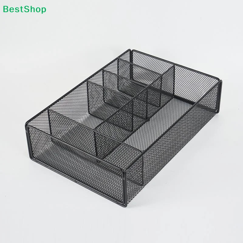 〔Y〕Black Metal Mesh Desk Organizer, Multi-Compartment Office Supply Caddy for Stationery Storage