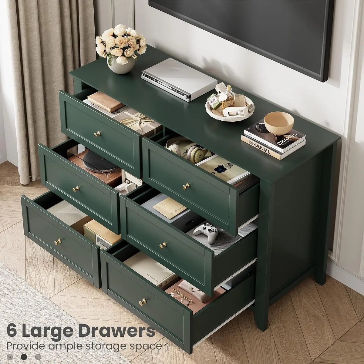 6-Drawer Dresser for Bedroom, 47.2" Wide Modern Large Chest of Drawers with Metal Knobs, Wooden Clothes Storage Organizer for Closet, Nursery, Living Room & Apartment