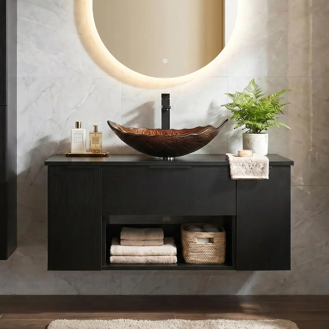 36'' Floating Bathroom Vanity with Sink, Wall Mounted Vanity, Black | Floating Bathroom Cabinets, Black handle, 1 Door