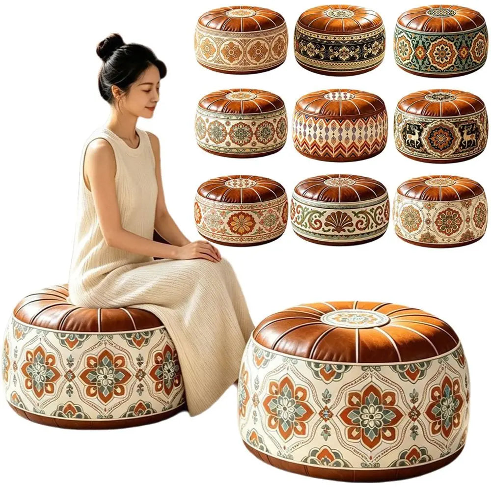 New PU Leather Fillable Ottoman Pouf Embroidered Pattern Moroccan Style Storage Ottoman Round Shape Floor Seat Cushion Home Use