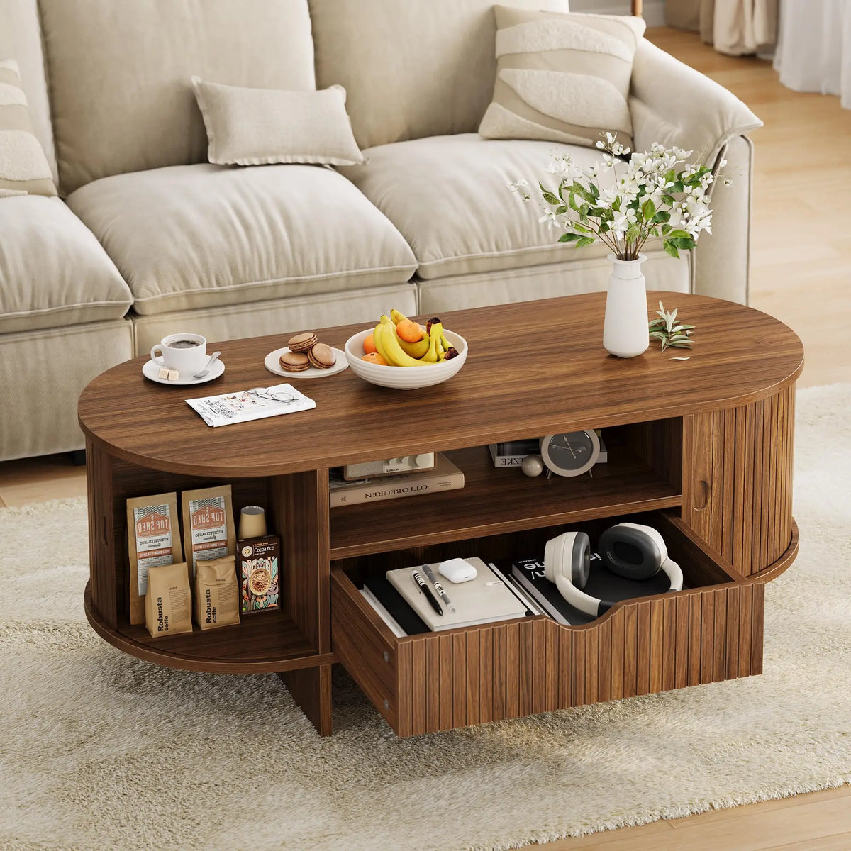47.2in Oval Coffee Table With Storage, Modern Fluted Wood Center Table With Drawer & Sliding Door Cabinets For Living Room, Small Space