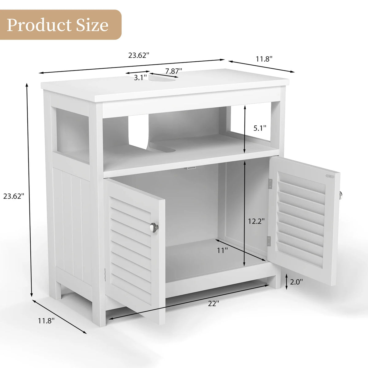 Bathroom Storage Cabinet White Waterproof Wooden Freestanding Cabinet with Removable Shelf Shutter Doors for Home Hotel