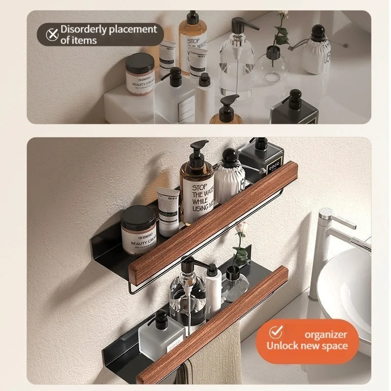 Wood Aluminum Material Corner Shelf Shampoo Storage Shelf Shower Wall Rack Bathroom Organizer Bathroom Accessories
