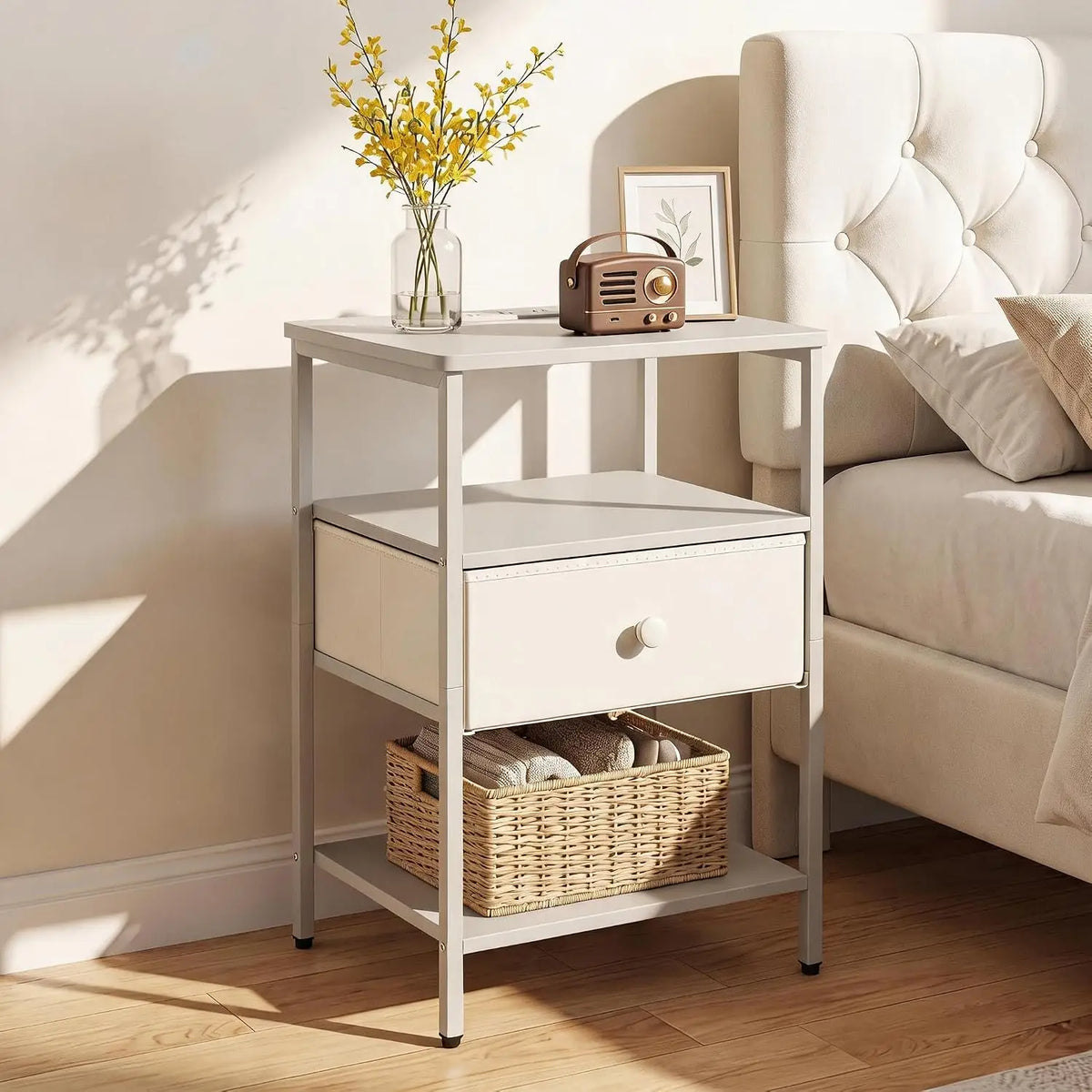3 Tier Nightstand with Charging Station Fabric Drawer Open Storage Shelves Alloy Steel Frame Bedside End Table Side Table for Bedroom Living Room Small Spaces