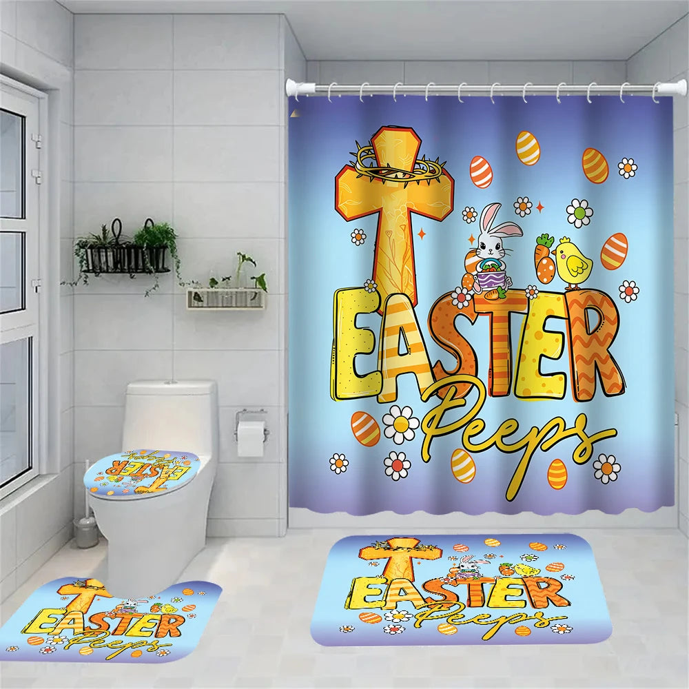 4/1 Easter Bunny shower curtain set, toilet seat decoration, shower curtain with carpet and toilet lid, size 70.8x70.8 in