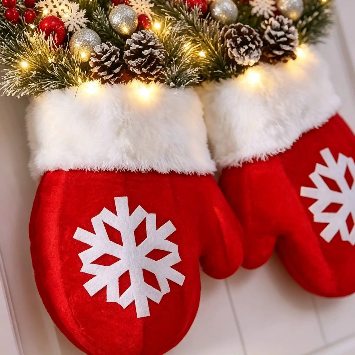 LED Twinkling Christmas Wreath with Twinkling & Artificial Pine Garland - Suitable for Front Door, Wall Decor, / Holiday Decoration - Plastic Mitten Wreath with Red Berries and Pine Branches