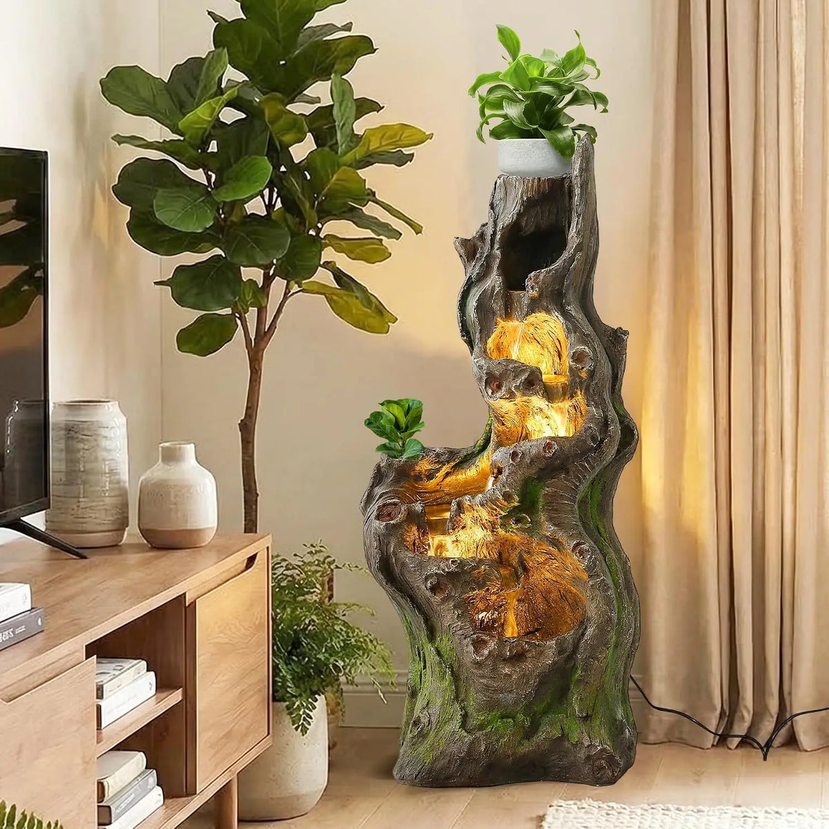 Cascading 6 Tiers Water Fountain Outside 5 LED Lights 40 H Large Garden Yard Deck Decor Natural Tree Trunk Look