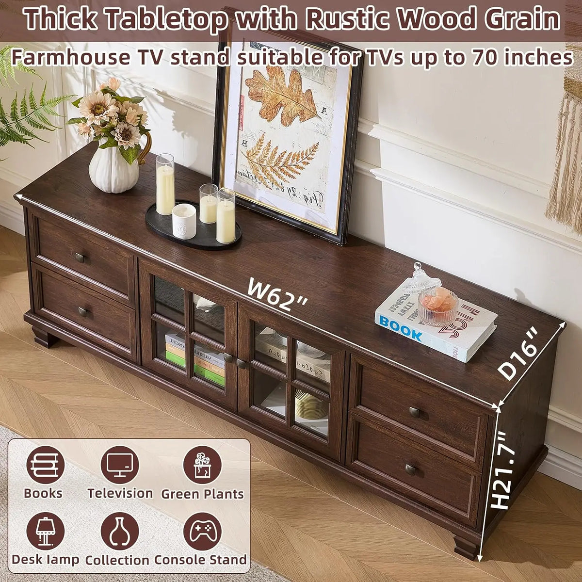 Farmhouse TV Stand with Glass Doors for Living Room, Walnut, Customized