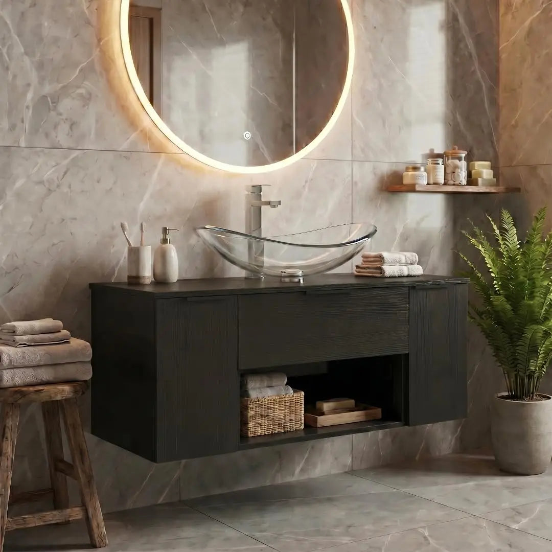 36'' Floating Bathroom Vanity with Sink, Wall Mounted Vanity, Black | Floating Bathroom Cabinets, Black handle, 1 Door