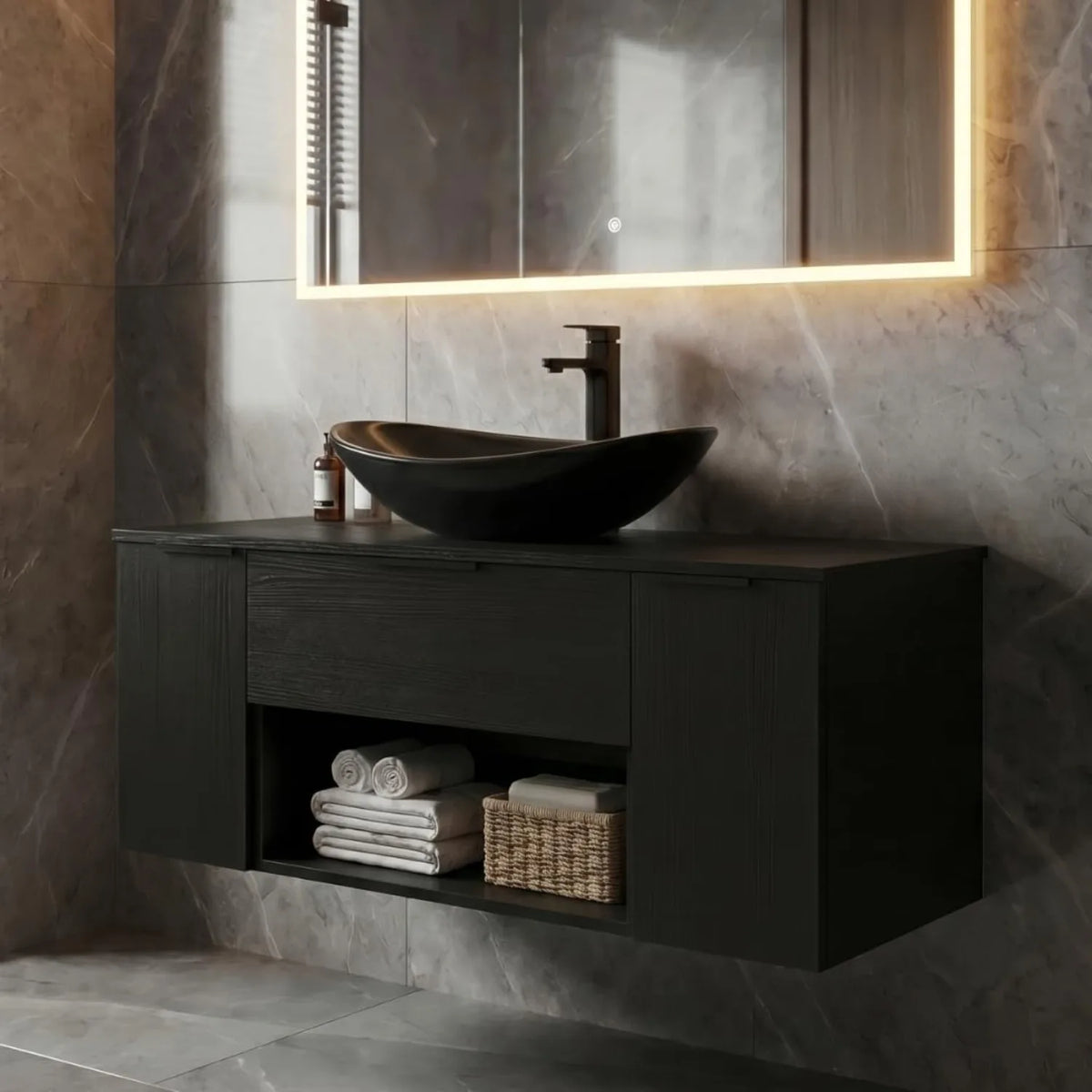 36'' Floating Bathroom Vanity with Sink, Wall Mounted Vanity, Black | Floating Bathroom Cabinets, Black handle, 1 Door