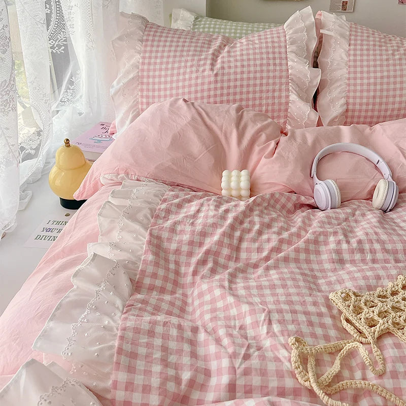 3 Piece Sheet Set Pink Plaid Duvet Cover Set, Comfortable Bedding Set Bedspread for All Season