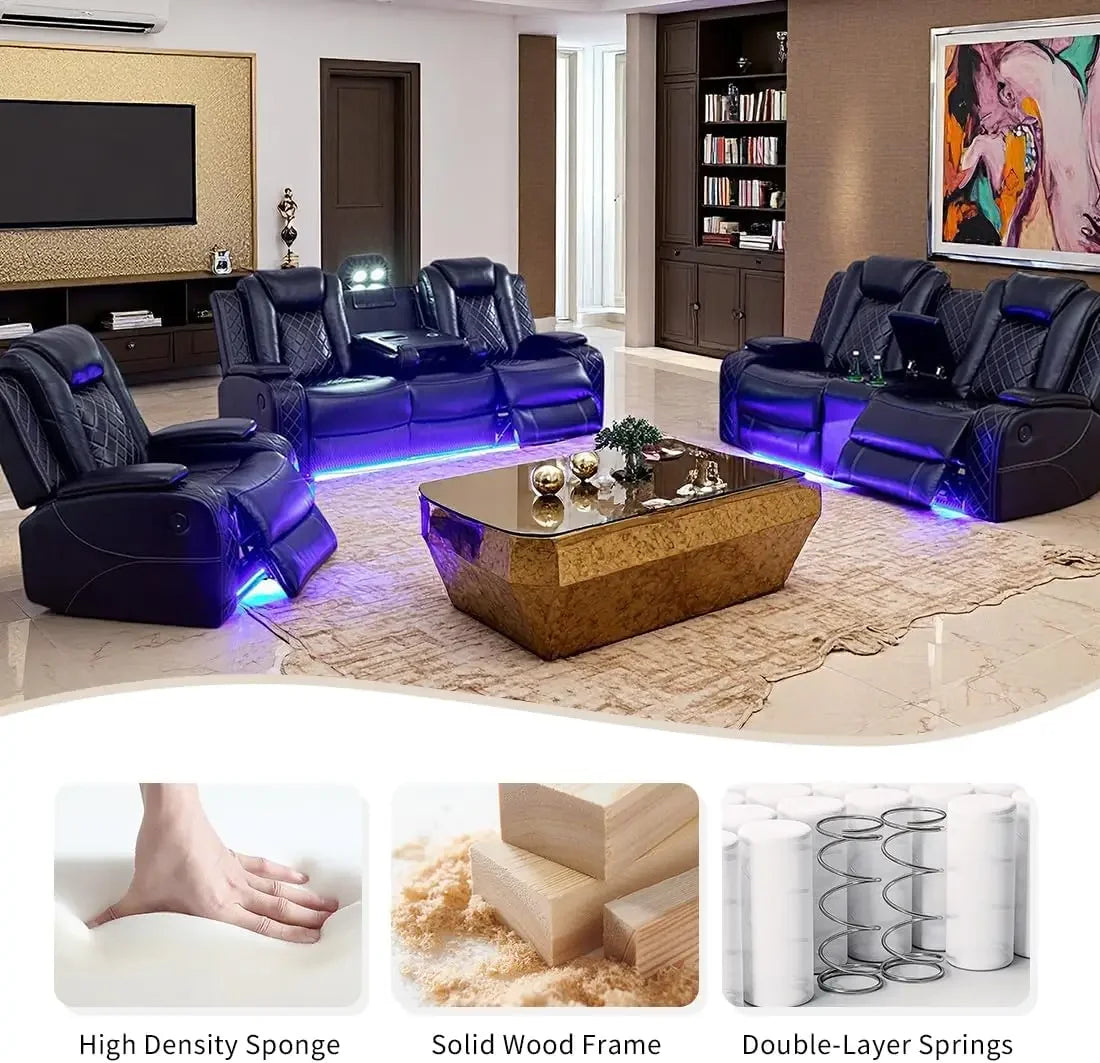 Modern Sectional Power Reclining Sofa Set With Storage Console LED Lights Black Leather