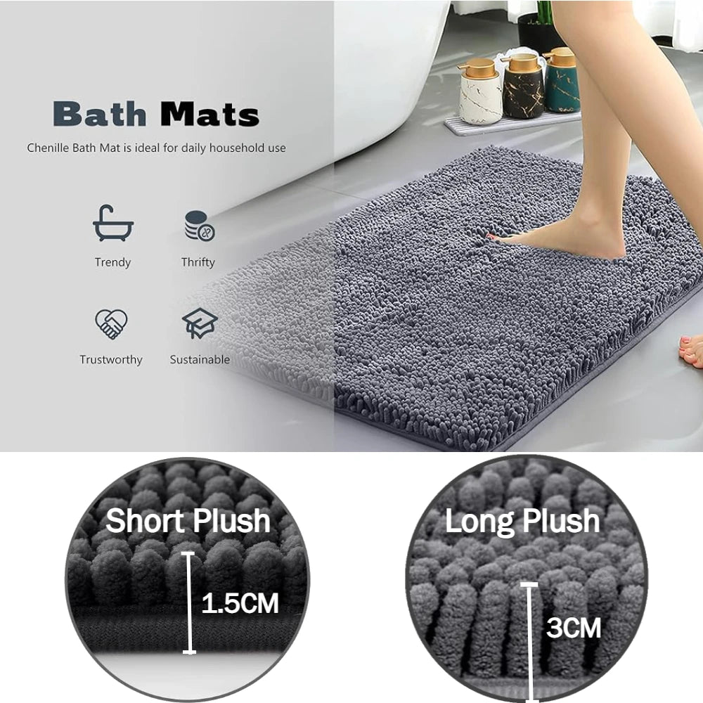 Absorbent Bathroom Rugs Set Non Slip 3 Piece Bath Mat Washable Chenille Bath Rugs Bath Tub Carpet Bathroom Mats with Toilet Rug