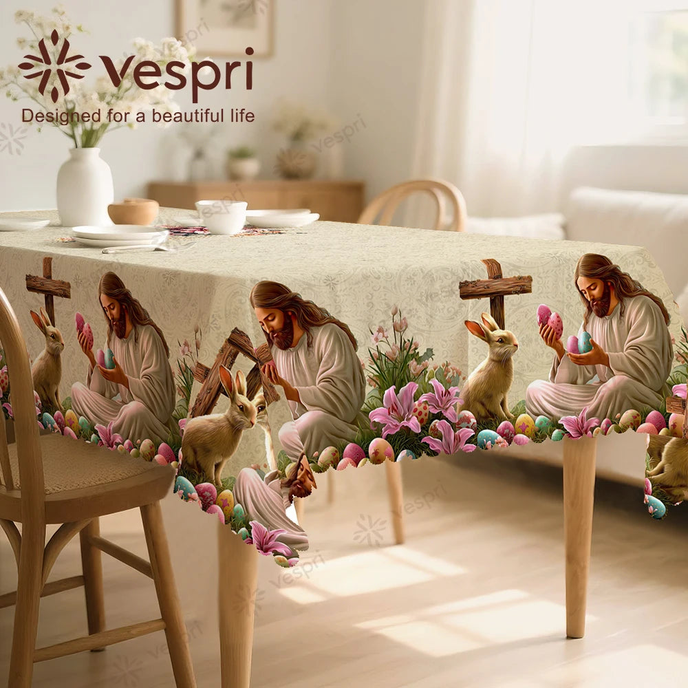 Vespri Easter Tablecloth Decor White Green Flower Rabbit Cross Round Rectangle Oval for Restaurants Parties Festivals