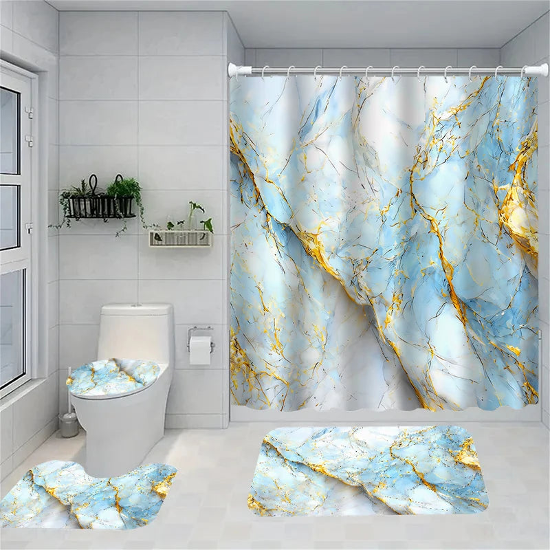 4-piece marble pattern shower curtain set, toilet seat decoration, shower curtain with carpet and toilet lid, 12 70.8x70.8 inch