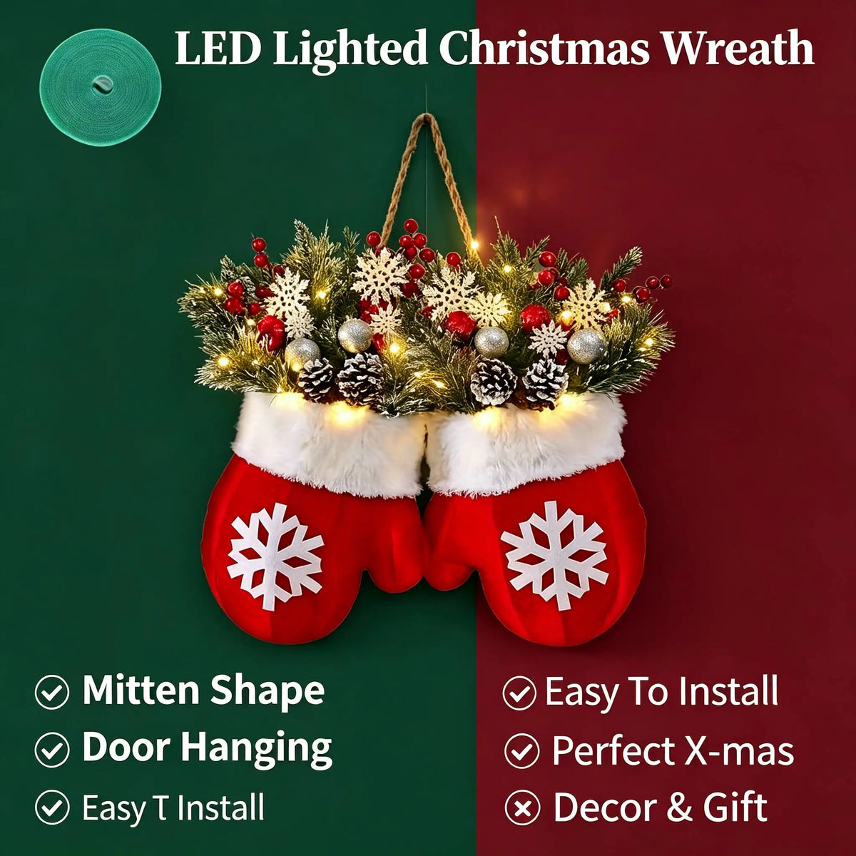 LED Twinkling Christmas Wreath with Twinkling & Artificial Pine Garland - Suitable for Front Door, Wall Decor, / Holiday Decoration - Plastic Mitten Wreath with Red Berries and Pine Branches