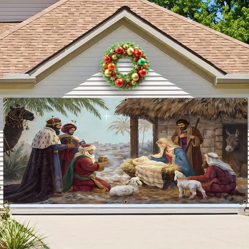 2D flat Christmas garage door banner, polyester, Jesus manger, Jesus' birth, suitable for winter festival decoration