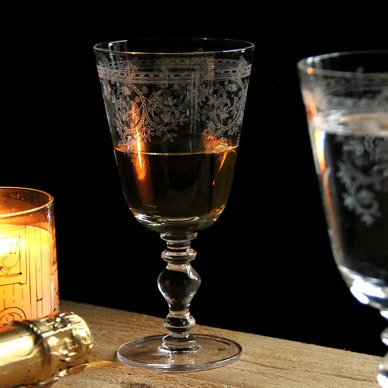 Vintage Etched Wine Goblet French Retro Crystal Stemware for Home Bar Unique Glass Gift