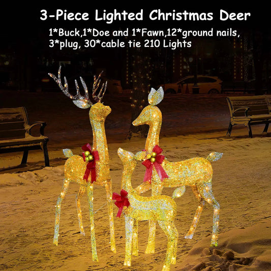 3D 3-Piece Outdoor atmosphere lighting fixtures Yard Holiday Lighted Reindeer Outside Indoor Home Lawn Garden 210 Led Lights