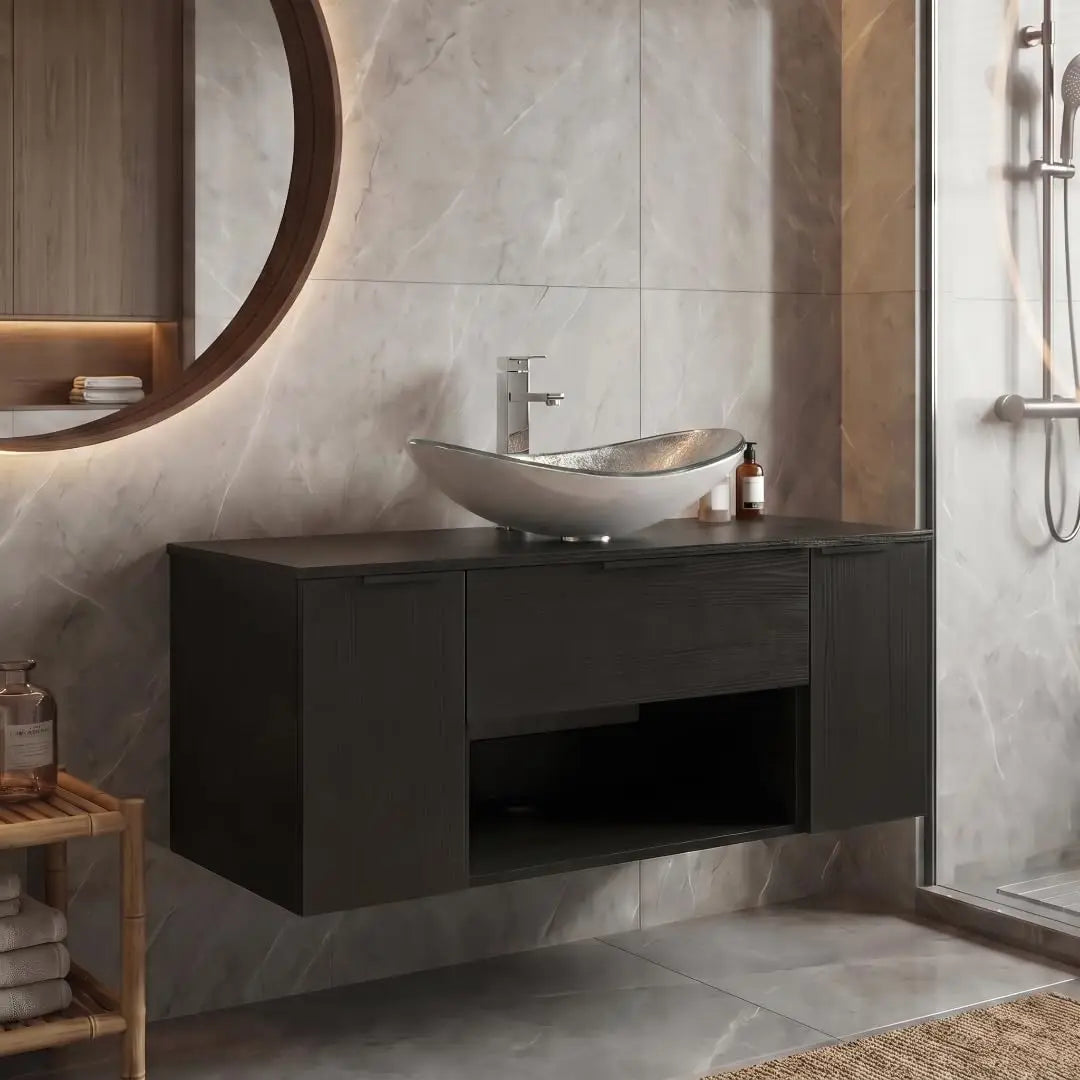 36'' Floating Bathroom Vanity with Sink, Wall Mounted Vanity, Black | Floating Bathroom Cabinets, Black handle, 1 Door
