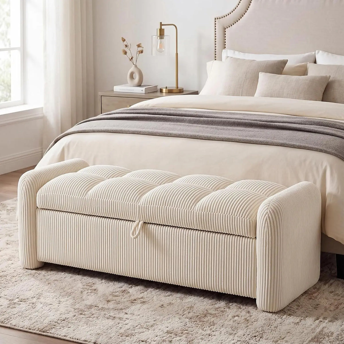 Oversized Corduroy Storage Ottoman Bench, Upholstered End of Bed & Living Room Foot Rest, Beige, Customized