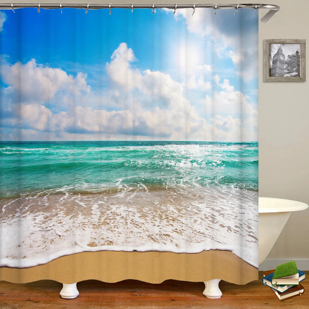 3d Beach Scenery Shower Curtains Sea Ocean Mediterranean Bathroom Curtain Waterproof Cloth Decoration 180*240cm Bath Curtain