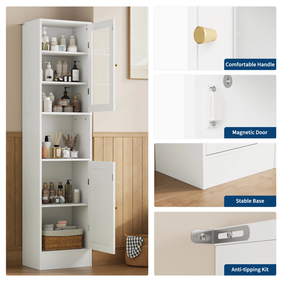 67" Tall Slim Bathroom Storage Cabinet with Glass Doors Adjustable Shelves & Anti-Tip Kit – Space-Saving Linen Tower for Bath, Kitchen or Laundry Room (Gray Wood Grain/Black/White)