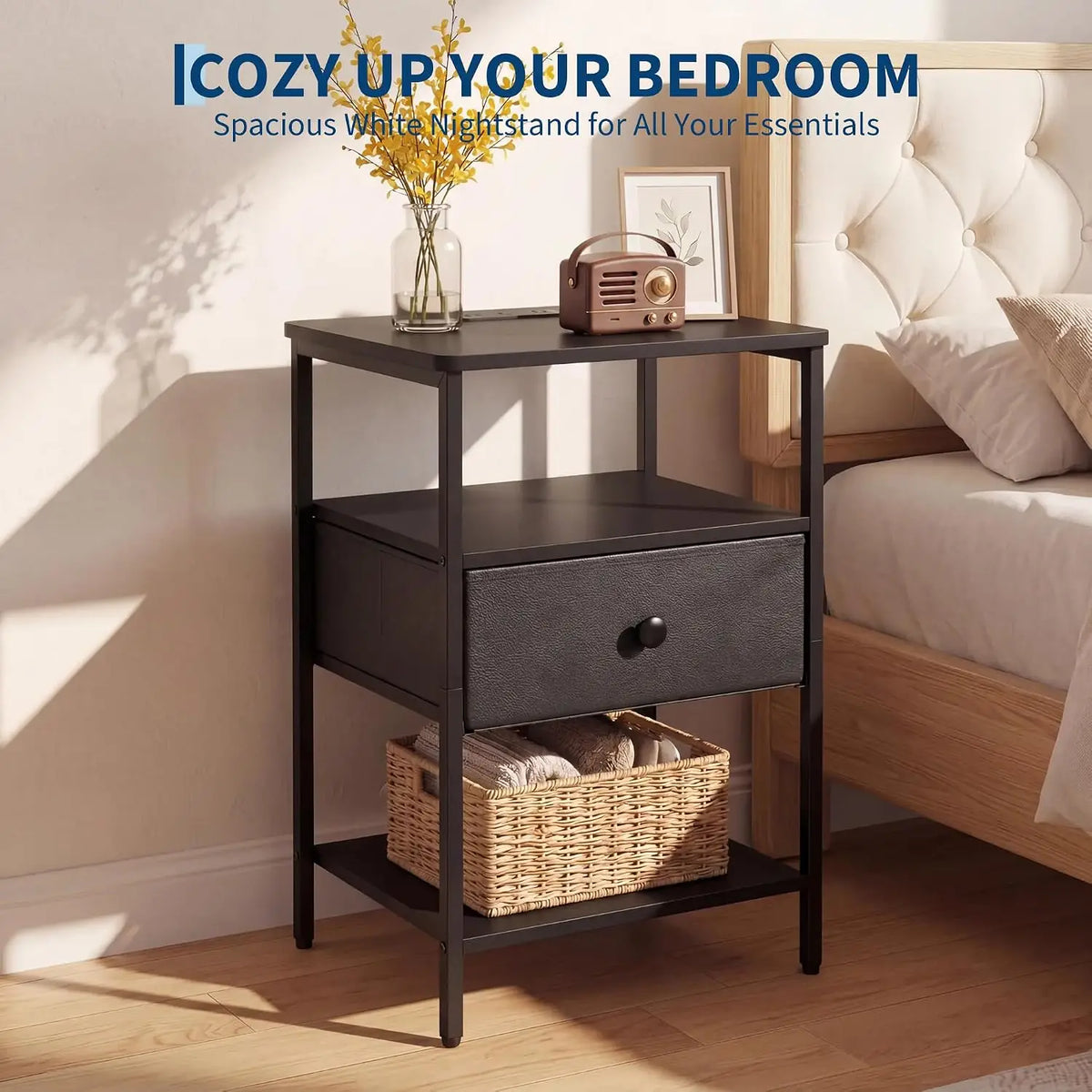 3 Tier Nightstand with Charging Station Fabric Drawer Open Storage Shelves Alloy Steel Frame Bedside End Table Side Table for Bedroom Living Room Small Spaces