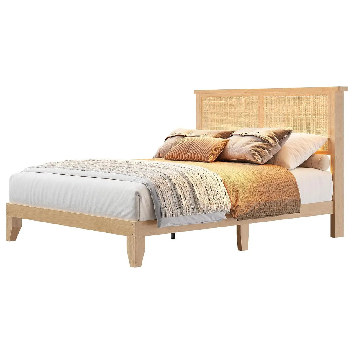 Bohemian Queen Rattan Bed LED Natural Headboard Bedroom | Bohemian queen rattan bed with natural headboard, LED, Customized