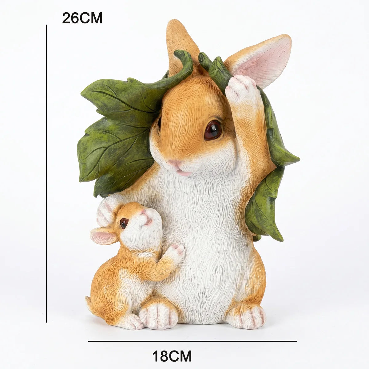 Cute Resin Bunny Rabbit Figurine, Mother & Baby Under Leaf Shelter, Garden Decor, Easter Spring Ornament, Home Accents