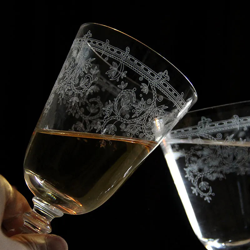 Vintage Etched Wine Goblet French Retro Crystal Stemware for Home Bar Unique Glass Gift