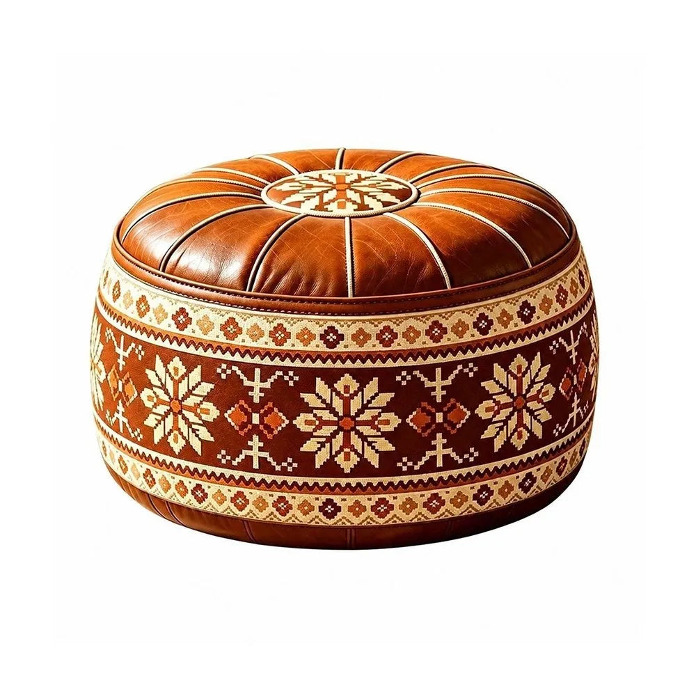 New PU Leather Fillable Ottoman Pouf Embroidered Pattern Moroccan Style Storage Ottoman Round Shape Round Pouf Cover Living Room